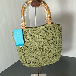 💐 KISS SEA Woven Crochet Handbag Bamboo Handle Green NWT